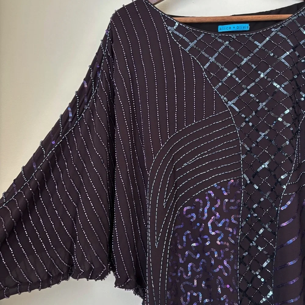 Alice + Olivia Purple Silk Beaded Sequin Dolman Sleeve Blouse Large Cocktails